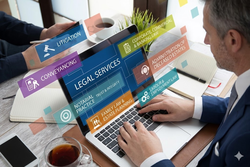 Overview of legal services including litigation, conveyancing, corporate and family law
